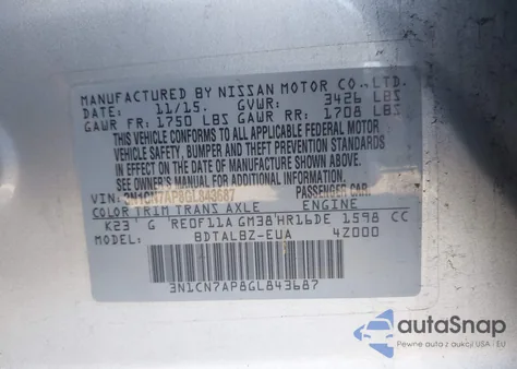 2016 Nissan Versa 1.6 S/1.6 S+/1.6 Sl/1.6 Sv from USA, damaged, VIN 3N1CN7AP8GL843687